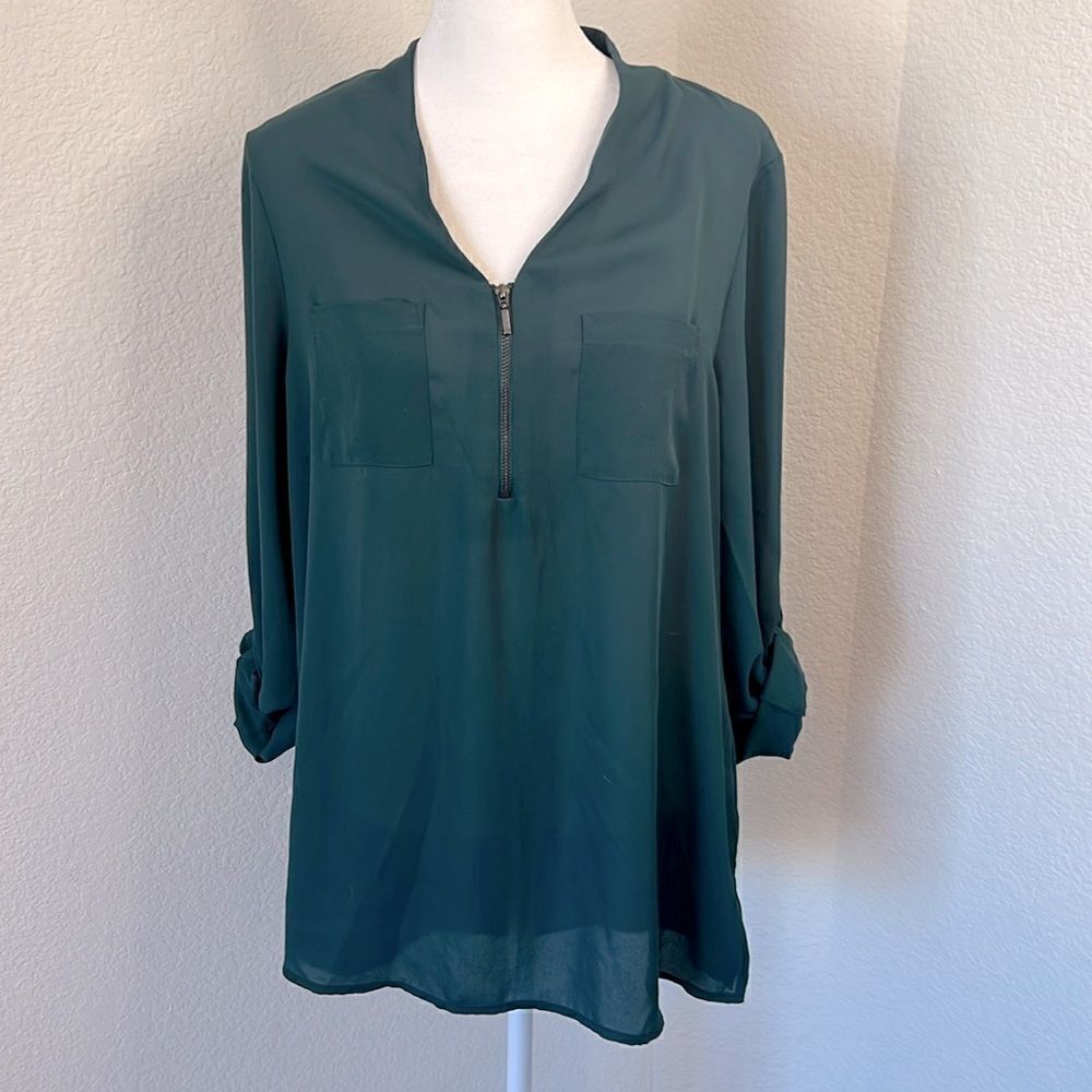 Apt. 9 Women's Dark Teal Zipper Front V-Neck Roll Tab Sleeve Blouse ~ Size M